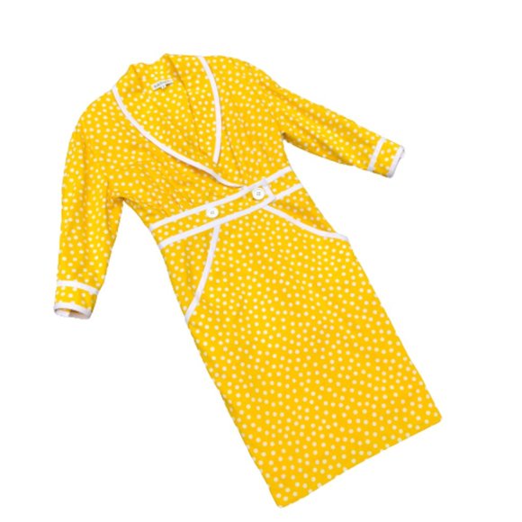Vtg ADELE SIMPSON 80s Does 50s/60s Polka Dot Yellow White Wiggle Pencil Dress - Picture 10 of 16